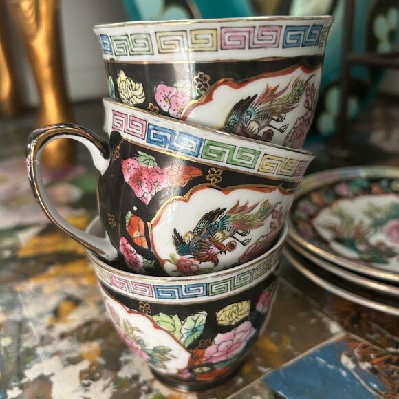 3 Asian Theme Floral and Birds Tea Cup and Saucer Sets Gold Trim - Picture 1 of 16